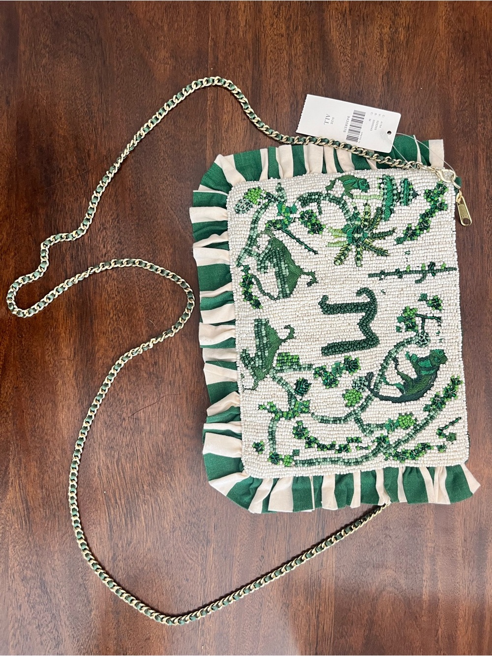 Anthropologie Green and White M Anna Embroidered Ruffle Beaded Crossbody Bag - Picture 4 of 11